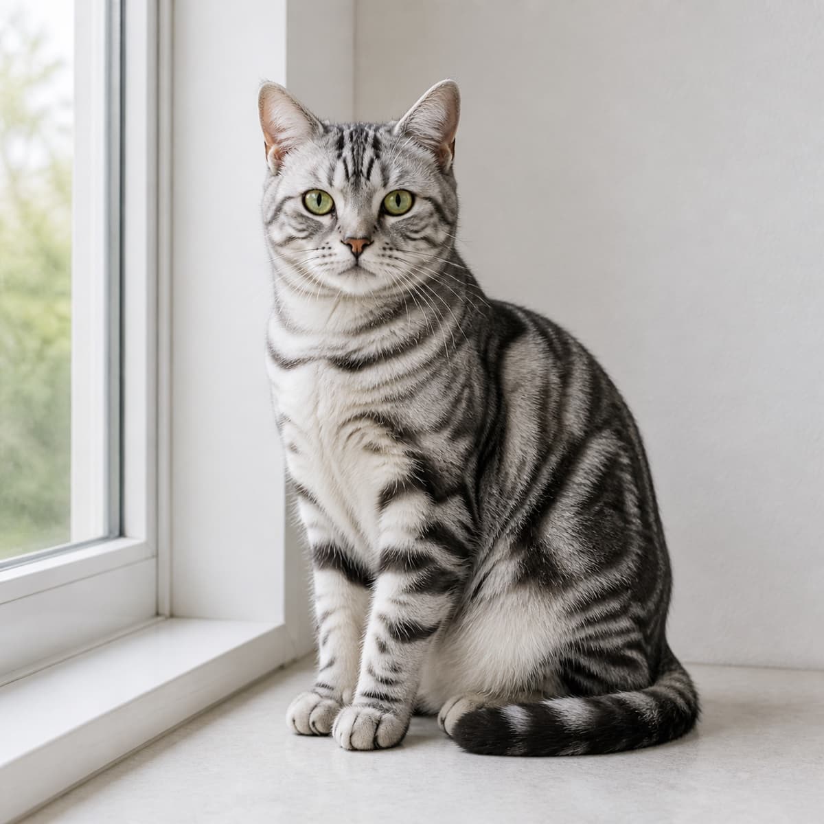 A silver tabby cat sitting beside a bright window