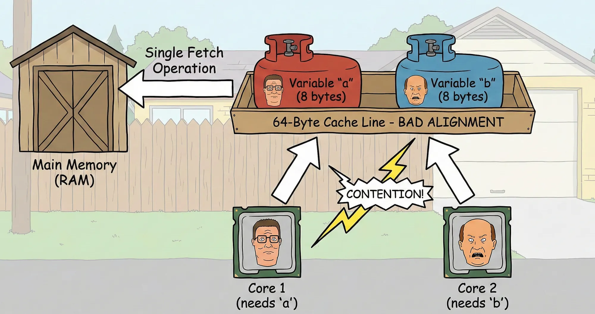Diagram showing variables a and b packed into one 64-byte cache line, causing contention between two cores.