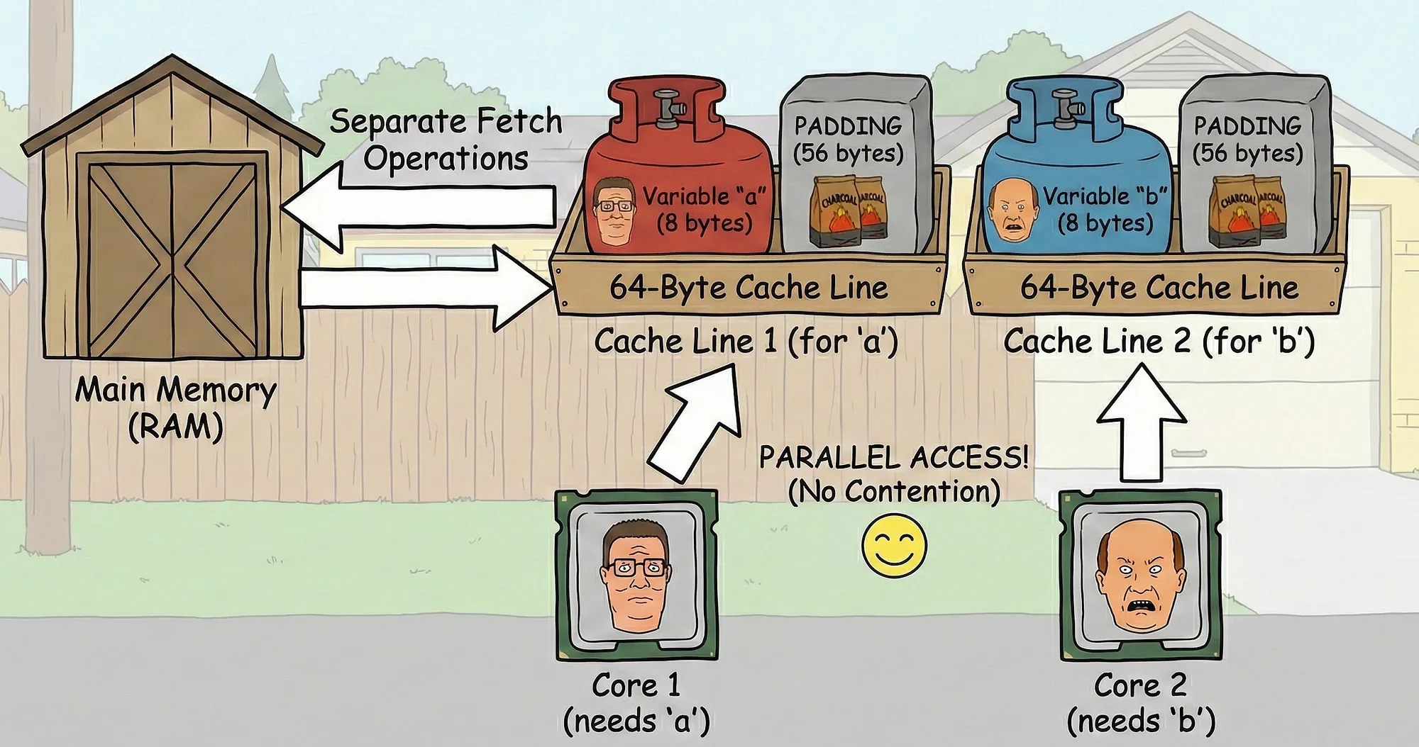 Diagram showing variables a and b separated into two 64-byte cache lines with padding.