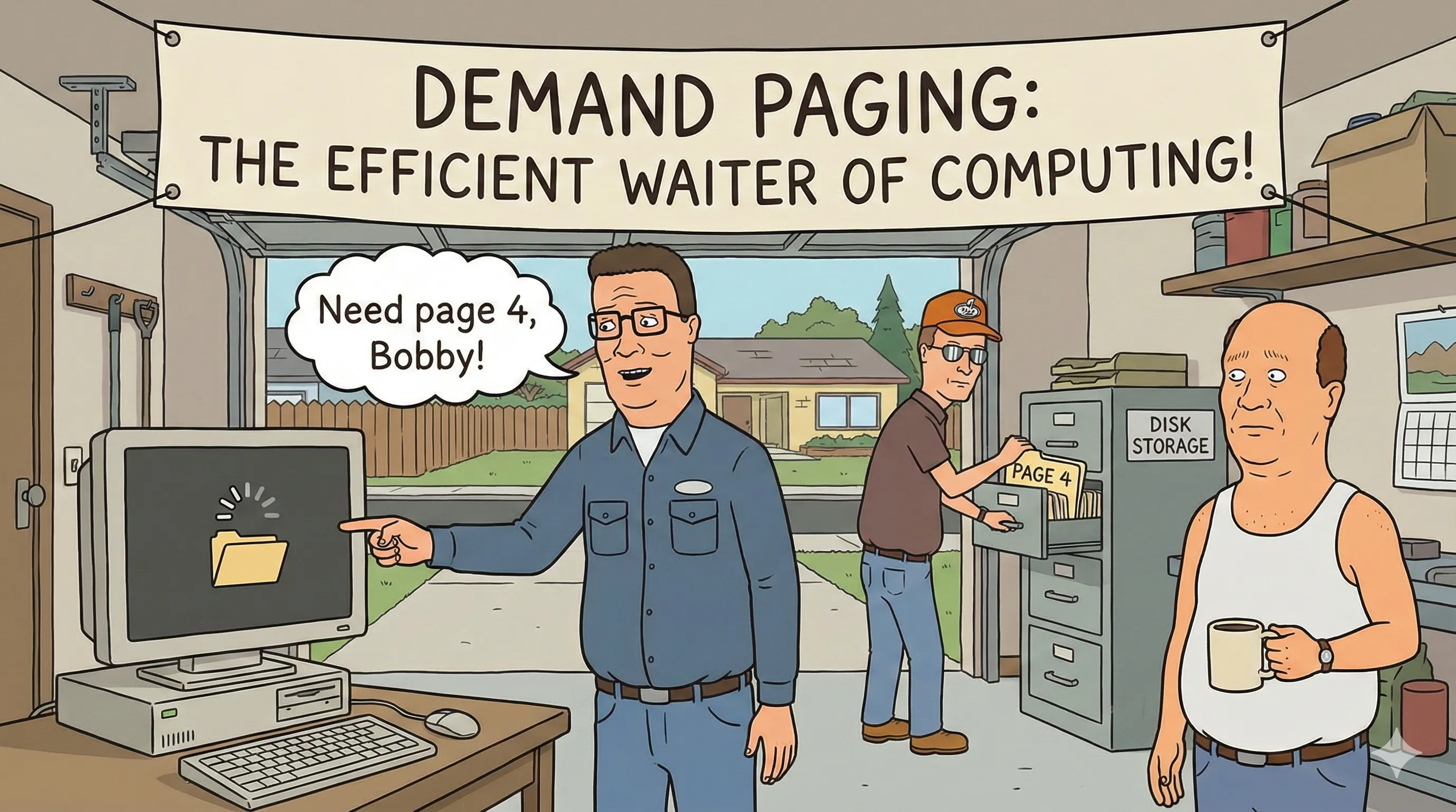 Illustration introducing demand paging as the efficient waiter of computing.