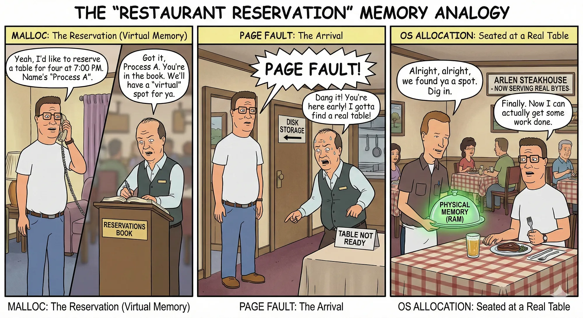 Three-panel restaurant reservation analogy for malloc, page fault, and OS allocation.