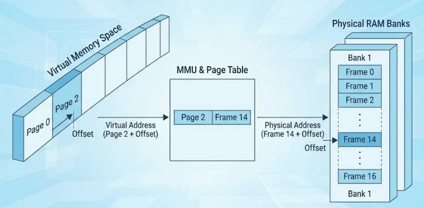 Diagram showing virtual memory translation through the MMU and page table into physical RAM frames.