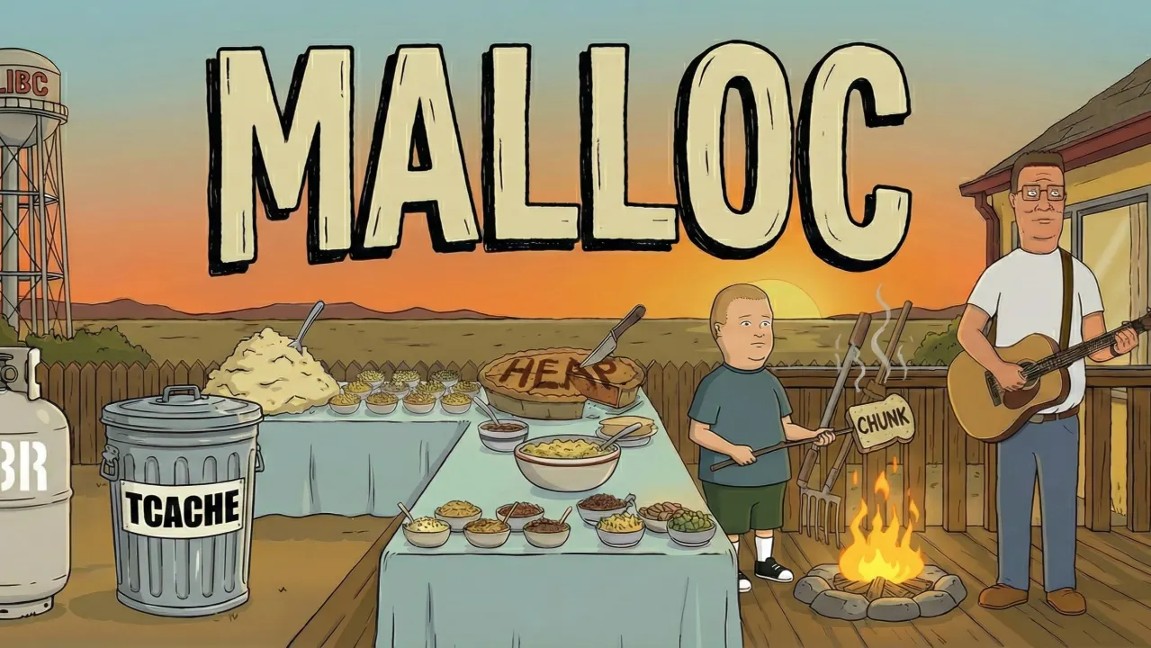 Illustration introducing malloc internals with tcache and chunks.