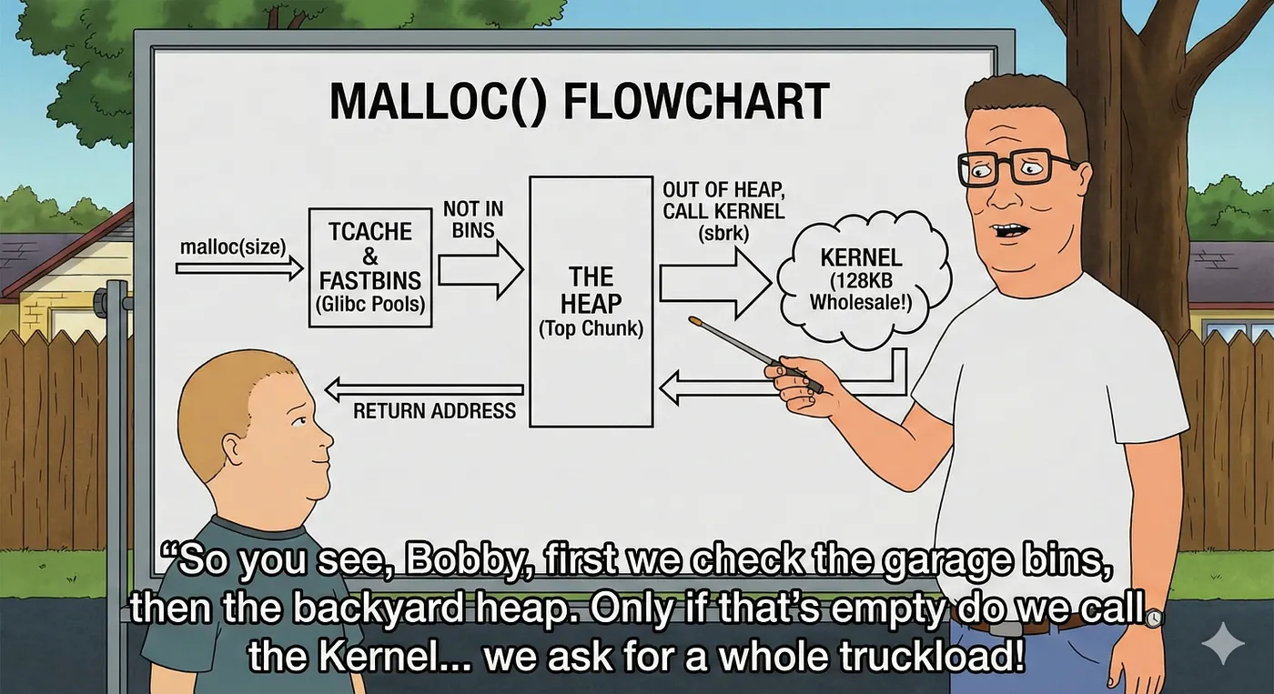 Cartoon flowchart showing malloc checking tcache and fastbins, then heap, then kernel.